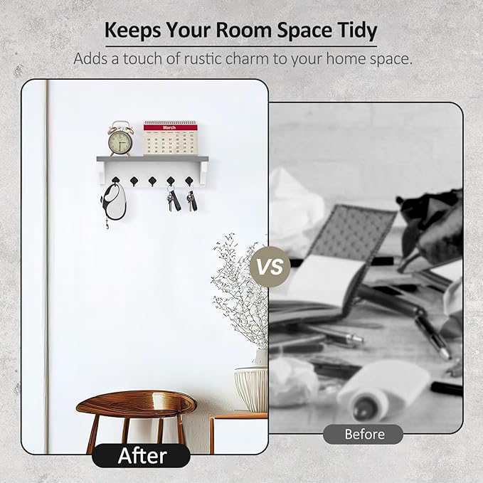 Nekon Key Holder for Wall, 11.8" W x 3.5" H x 2.8" D Decorative Key Organizer with Floating Shelf, Wall Mount Key Rack with 5