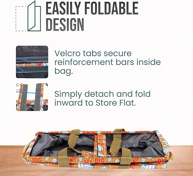 Extra Large Utility Tote Bag - Oversized Collapsible Reusable Wire Frame Rectangular Canvas Basket With Two Exterior Pockets For Beach, Pool, Laundry, Car Trunk, Storage - Volleyball