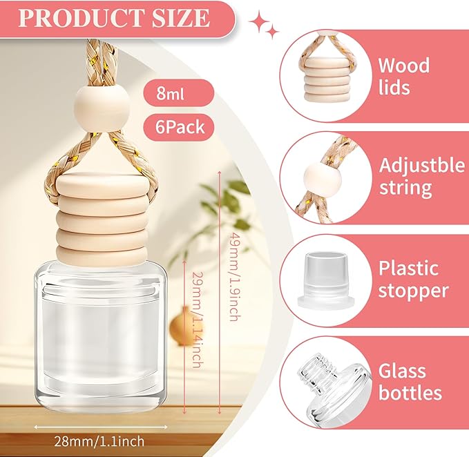 6 Pack Car Air Freshener, Long Lasting Natural Essential Oil Fragrance Diffuser - Pink Sparkle Champagne, Moonlit Gardenia & 