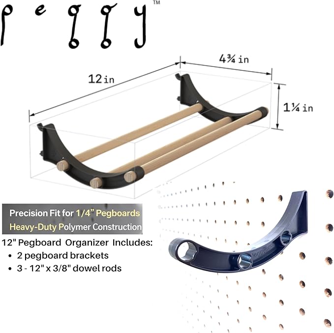 PEGGY Pegboard Accessory Hook and Dowel Organizer Storage for Tape, Steel Wire Spools, Ribbon, Crafts, Hobby, 12” kit (3PK Bl