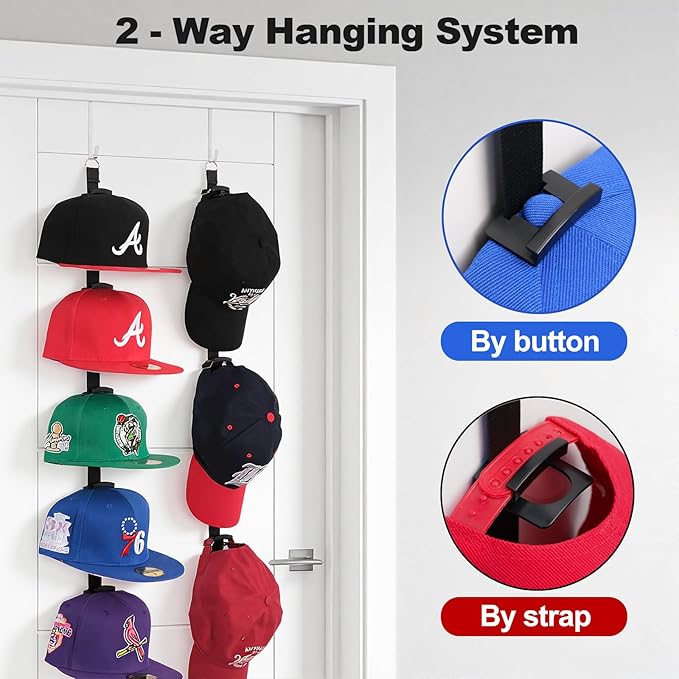 Aoodaily Hat Rack for Door - Two-Way Hanging Caps with Display Hooks and Hanger, Hat Organizer for Baseball Caps, Over the Do
