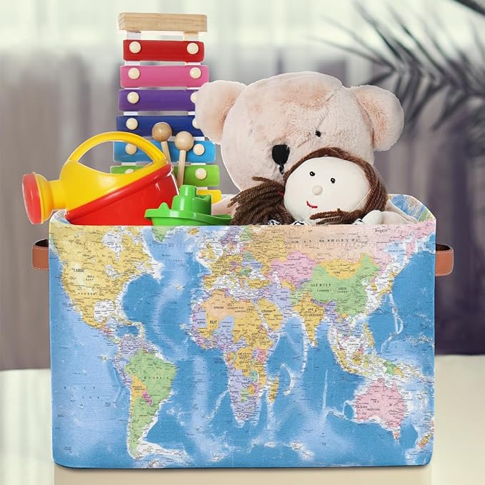 Globe World Map Storage Basket Collapsible Cloth Storage Cube Basket Bins Organizer with Handles Rectangular Large Toys Shelf