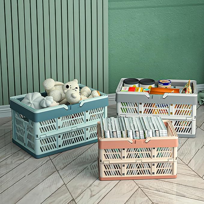 Foldable Handle Storage Crate Bin - 20L Collapsible Plastic Crate Stacking Storage Basket - Pink & Rose M
