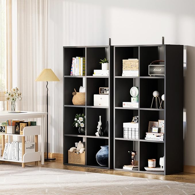 COMHOMA 8 Wood Cube Storage Organizer with Open Back and Removable Back Panels, 11In Black Cube Storage Bookshelf, Cubicle Sh