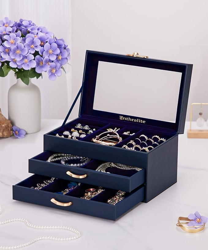 Enthralite Jewelry Box with 2 Drawers: Display Organizer for Earrings Necklaces - Gifts for Girls Women (Dark Blue)