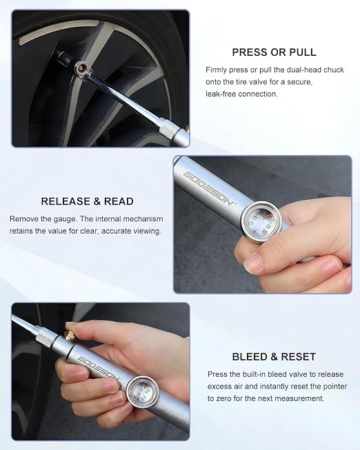 GODESON Tire Pressure Gauge with Hold Reading, 360° Swivel Dual Head Chuck with Pressure Gauge - 20-160 PSI,Big Window,12" Zinc Alloy & Steel Air Gauges for Semi Trucks, RVs, Trailers