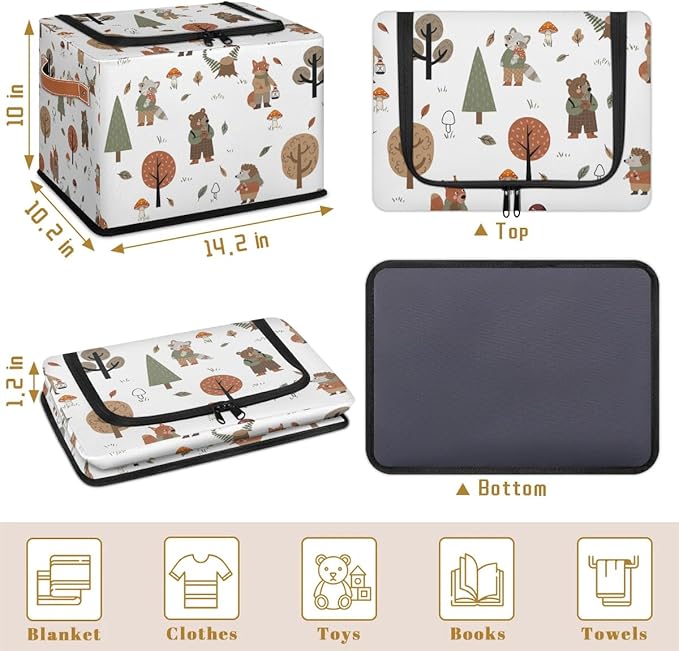 Wolf Bear Hedgehog Storage Baskets - Cute Animal Plants Bin Collapsible Organizer Cube with Zipper Lid, Mushroom Leaves Tree 
