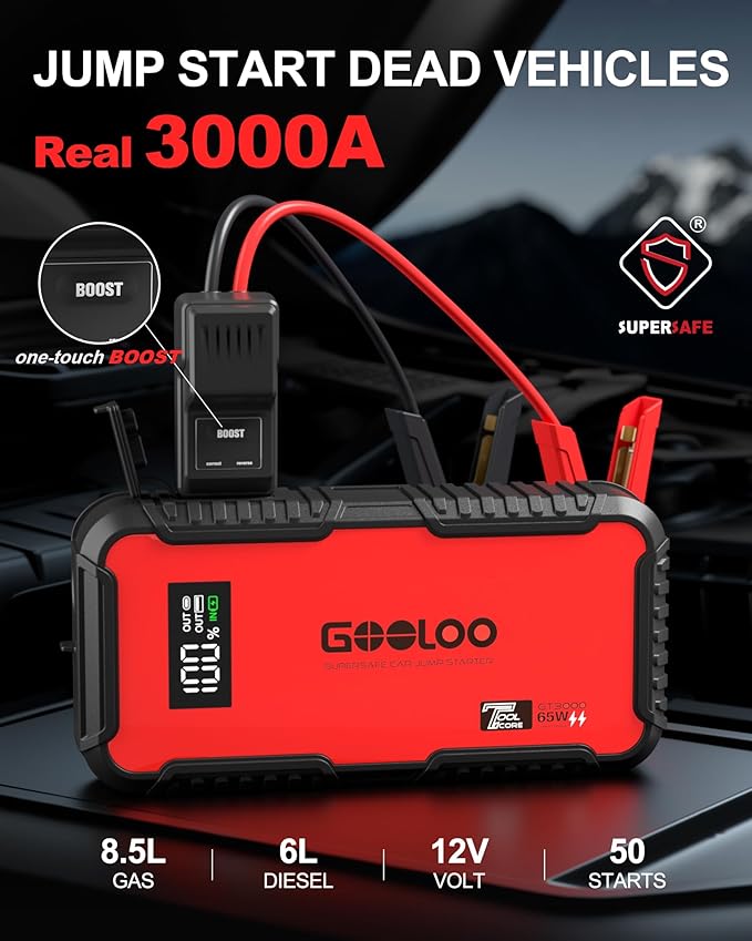 GOOLOO GT3000 Jump Starter, 65W Quick Charge, 3000A Battery Jumper Starter Portable, 12V SuperSafe Lithium Battery