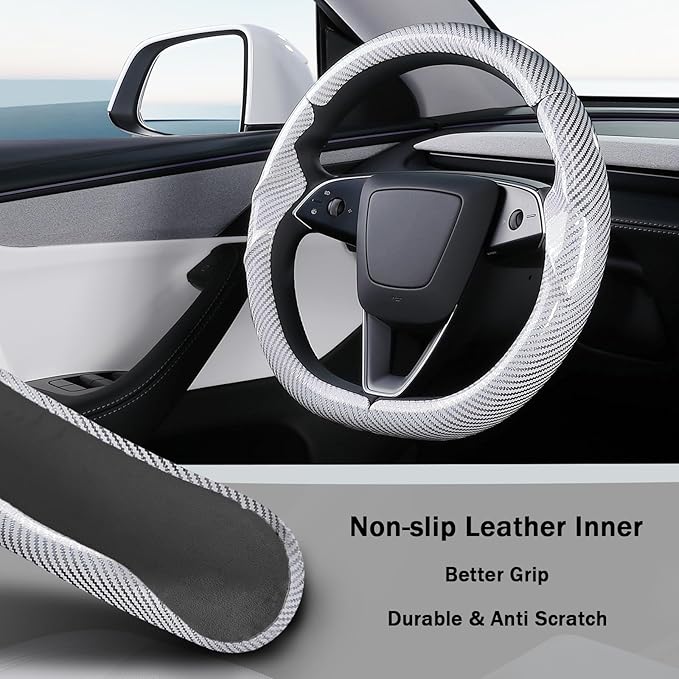 Steering Wheel Cover for Tesla Model 3 2024-Present Highland/Tesla Model Y Juniper 2025-Present, Carbon Fiber Steering Wheel Cover for Tesla Model 3 Highland/Y Juniper Accessories, Glossy White