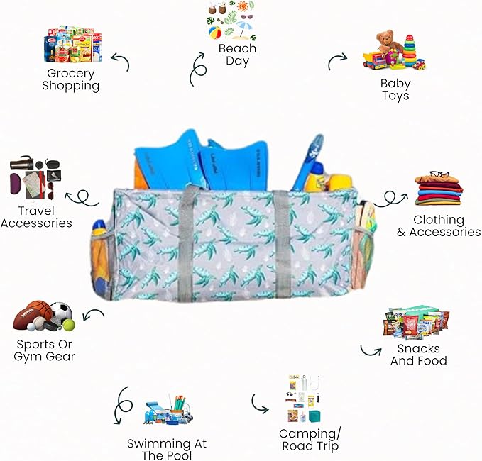 Extra Large Utility Tote Bag - Oversized Collapsible Reusable Wire Frame Rectangular Canvas Basket With Two Exterior Pockets For Beach, Pool, Laundry, Car Trunk, Storage - Turtle
