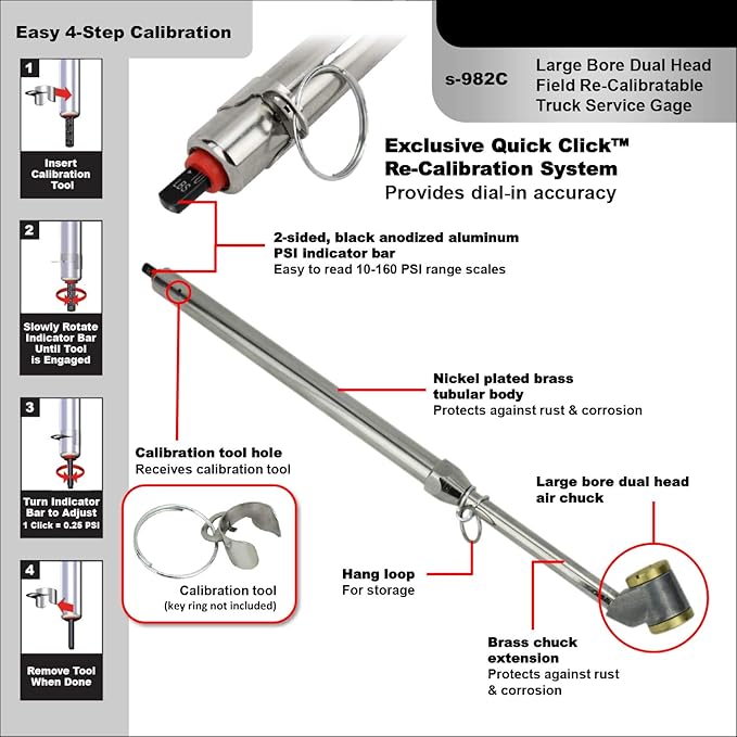 Milton s-982C Calibratable Tire Pressure Service Gauge, Large Bore Dual Chuck, 10-160 PSI
