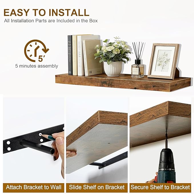23.6 inch Rustic Brown Floating Shelves Set of 2, Solid Wood Wall Mounted Shelves, Heavy Duty Display Storage Shelves for Bed