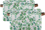 xigua Green Leaves Storage Basket Collapsible Storage Bins Waterproof Canvas Storage Basket with Leather Handles for Home Clo