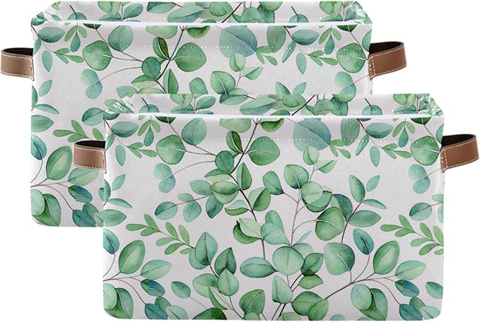 xigua Green Leaves Storage Basket Collapsible Storage Bins Waterproof Canvas Storage Basket with Leather Handles for Home Clo