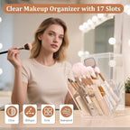 Acrylic Makeup Brush Holder with Slanted Flip-Top Lid - Clear Dustproof Cosmetic Make up Brush Organizer and Storage Box - La