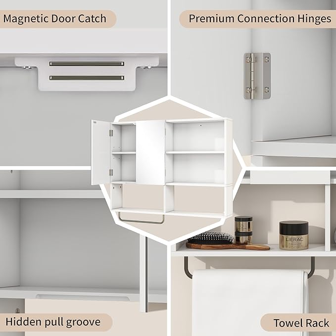 Medicine Cabinet, Wooden Bathroom Wall Cabinet with 2 Doors, Adjustable Shelves & Towel Bar, Over Toilet Storage Cabinet Wall