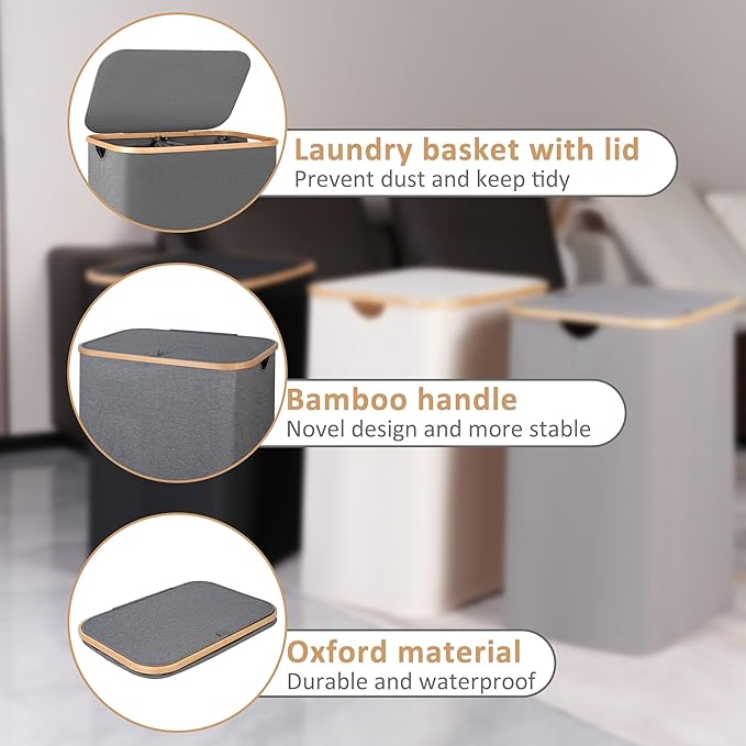 iEGrow 150L Laundry Hamper with Lid-Large Laundry Basket with Bamboo Handles, Grey Hampers for Laundry, Dirty Clothes Hamper 