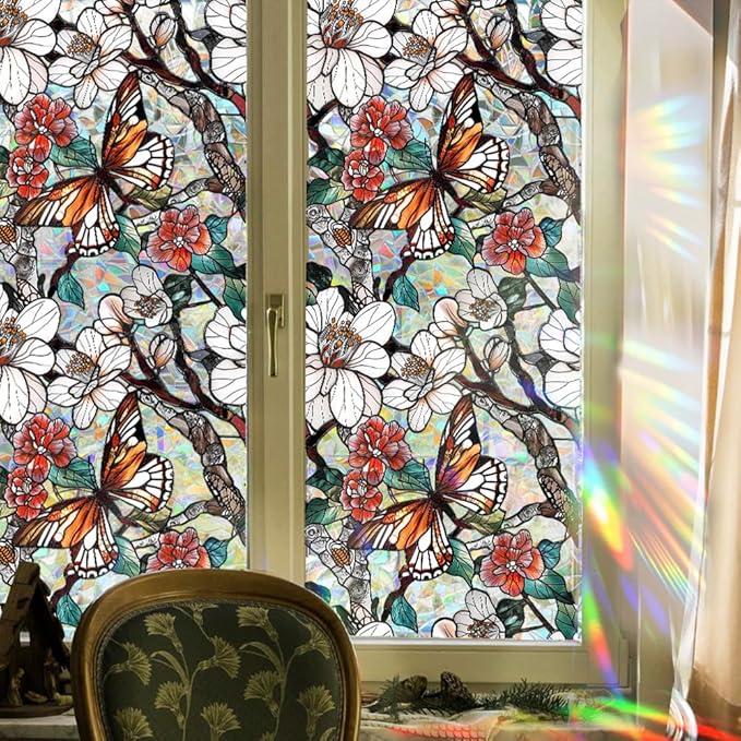 Retro Flower Window Privacy Film,Stained Glass Decals Floral Butterfly Privacy Rainbow Decals Living Room Sun Blocking Decor Removable Static Cling Stickers,16.93x39.37inch