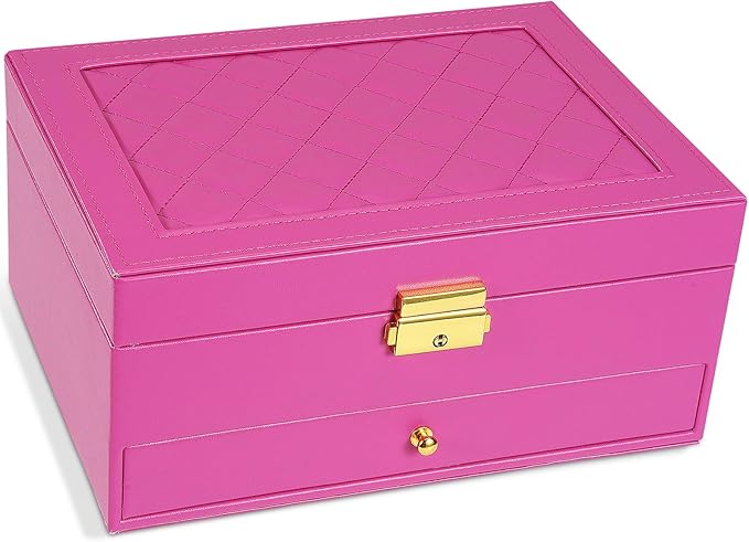 2-Layer Jewelry Box for women, jewelry organizers and storage with Removable Jewelry Tray, vintage quilted top Lockable Jewel