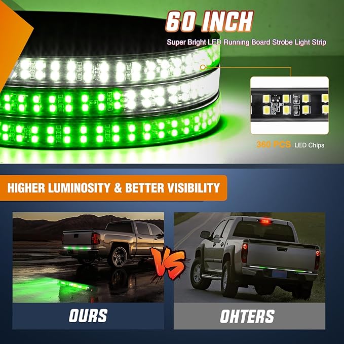 Nilight 60 Inch Truck Tailgate Strobe Light Strip Tail Emergency Bar Rear Window Warning Lamp Ultra-Bright Double Row 360 LED for Pickup Trailers Construction Vehicles Car SUV, Green White