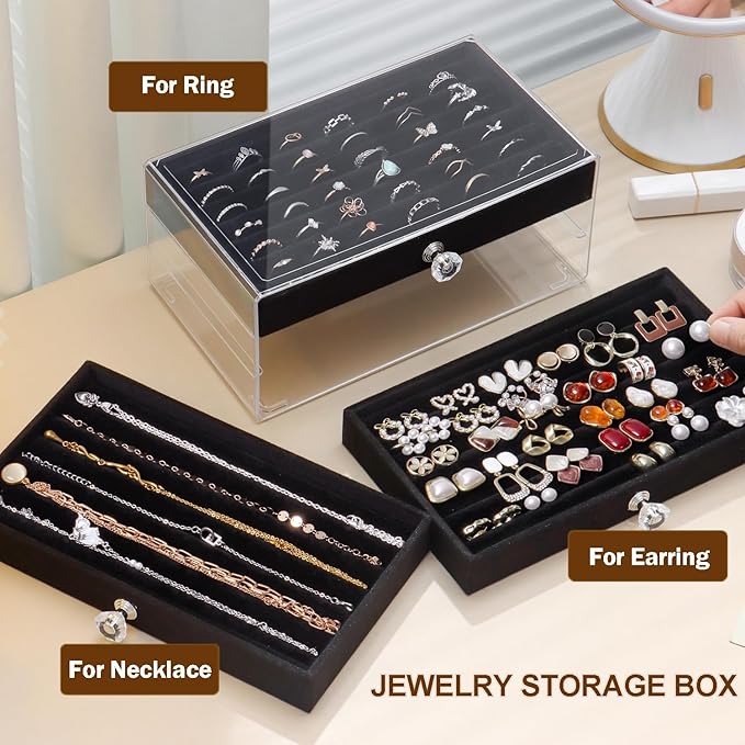 SPAKOWN Ring Box Display Holder, Clear Velvet Jewelry Storage Tray Organizer for Ring Stud Earring (Black - 3 Drawers)