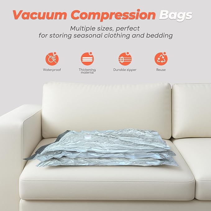 Vacbird Travel Vacuum Seal Bags, 8 Pack 34" Vacuum Storage Bags with Rechargeable Cordless Pump Compression Packing for Cloth
