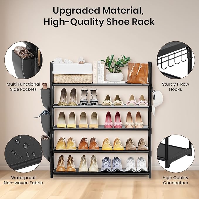 VILICK 5 Tier Shoe Rack with Hook and Side Pocket,Shoe Organizer Space Saver Storage for 20-25 Pair Shoe Storage Shelf Sturdy