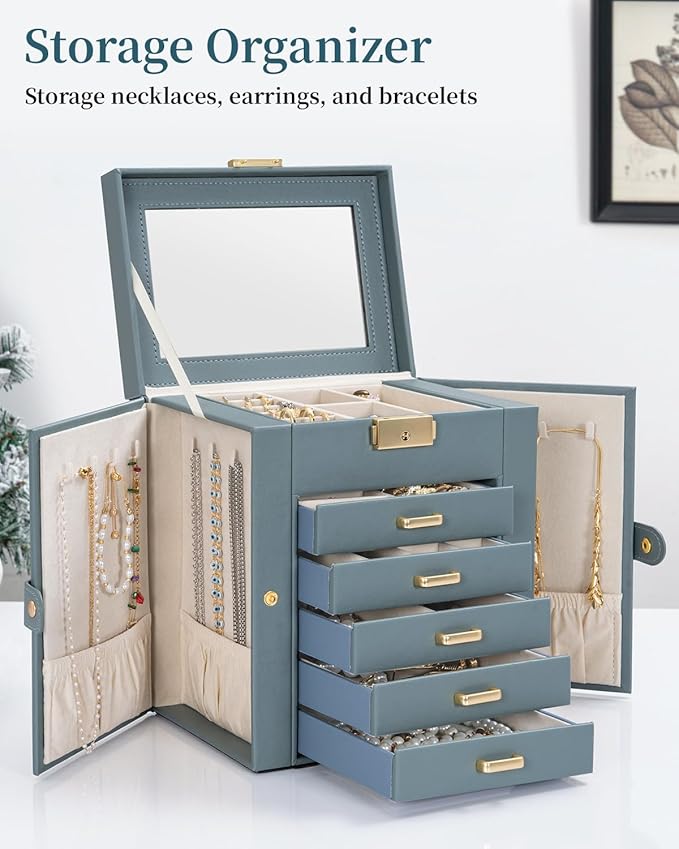 TORIBIO Large Jewelry Box for Women, Leather Jewelry Organizer with Mirror & Lock, 6-Tier Jewelry Storage Case for Girls/Wome
