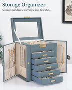 TORIBIO Large Jewelry Box for Women, Leather Jewelry Organizer with Mirror & Lock, 6-Tier Jewelry Storage Case for Girls/Wome