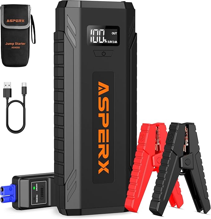 ASPERX Car Jump Starter, 4000A Peak Battery Starter for All Gas or 10.0L Diesel Engines, 12V Battery Starter, Jump Box with