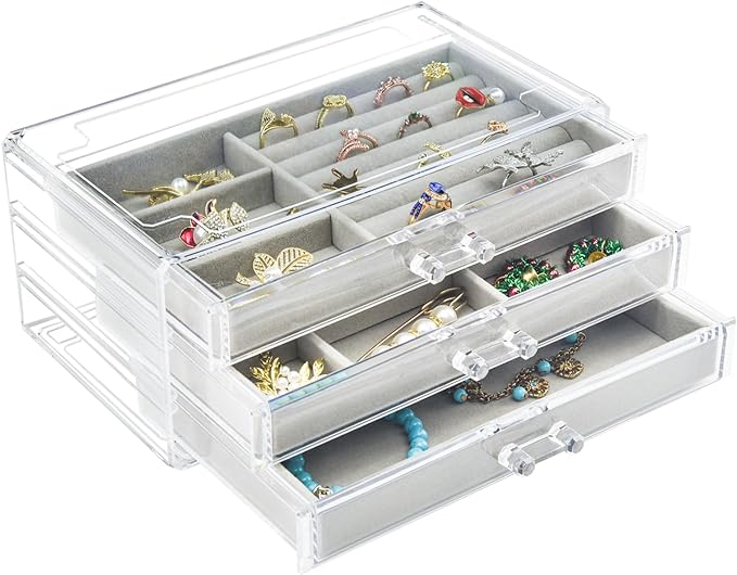 Weiai Acrylic Jewelry Box 3 Drawers, Velvet Jewellery Organizer, Earring Rings Necklaces Bracelets Display Case Gift for Wome