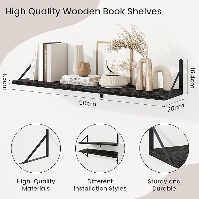 Floating Bookshelf with Brackets, Black Floating Shelves, 36 inch Wall Shelves Set of 3, Particle Board Wooden Shelf for Kitc