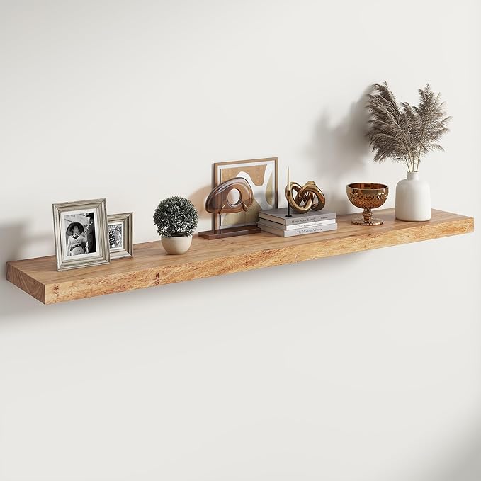 RICHFOCUS Elm Floating Shelves for Wall - 55" W x 9.3" D Rustic Solid Wood Shelves with Invisible Bracket, Wall-Mounted for L