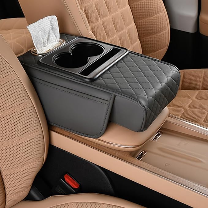 Car Armrest Cushion,5-in-1 Center Console Cover with 2 Storage Bags Cup Holder, Tissue Box Slot, Phone Slot for Sedans, Car Accessories Interior Organizers (Gey)