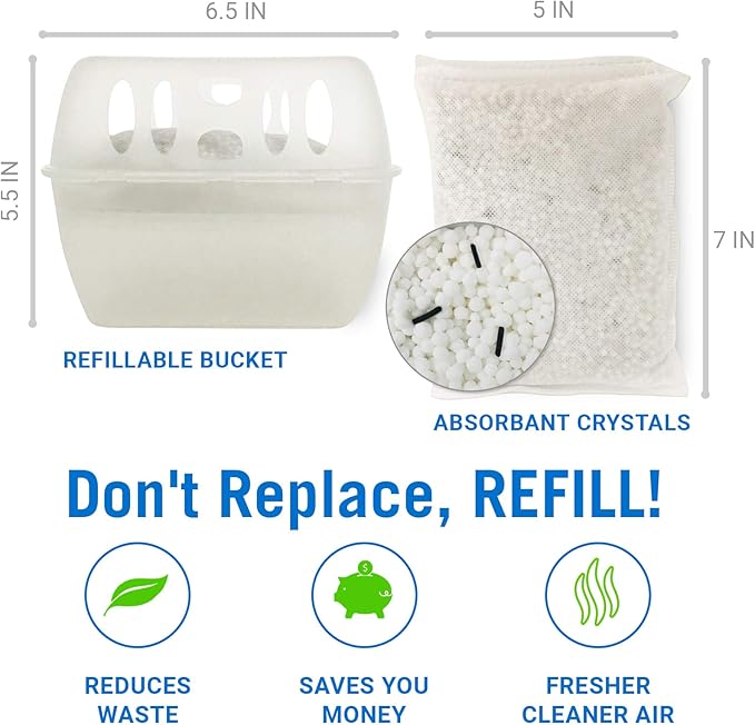 Refillable Moisture Absorber Bucket with Dehumidifier Refill Pack Moisture Absorbers for Closet Storage, Controls Water,