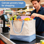 Reusable Grocery Bags Heavy Duty, 8.3 gal Foldable Large Canvas Tote Bag with Handles, Holds 60 lbs Canvas Shopping Bags, 3 Pack（Off White+Light Blue）
