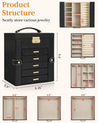 TORIBIO Large Jewelry Box for Women, Leather Jewelry Organizer with Mirror & Lock, 6-Tier Jewelry Storage Case for Girls/Wome