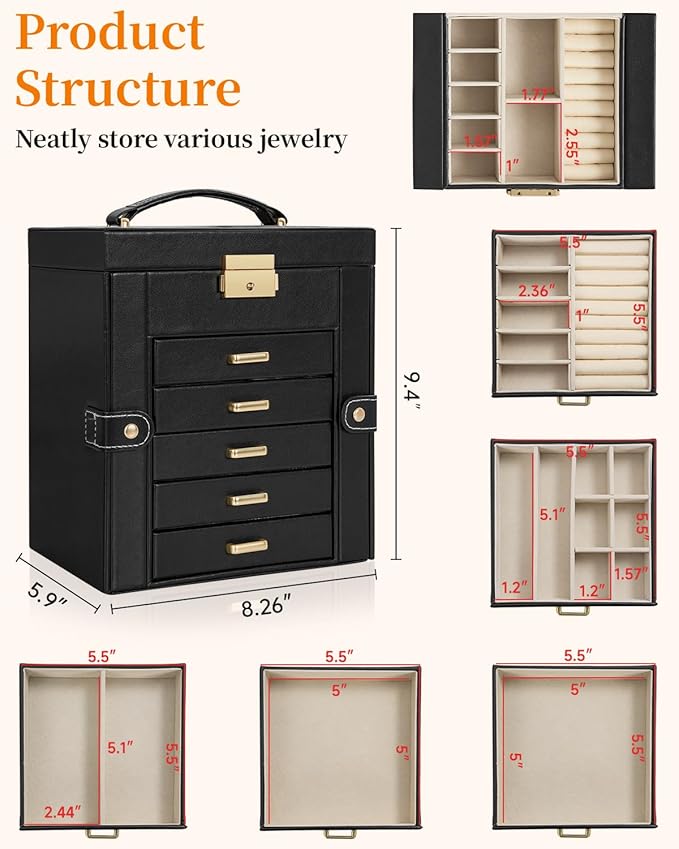 TORIBIO Large Jewelry Box for Women, Leather Jewelry Organizer with Mirror & Lock, 6-Tier Jewelry Storage Case for Girls/Wome