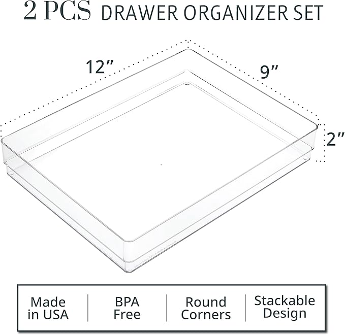 STORi SimpleSort 2-Piece Stackable Clear Drawer Organizer Set | 12" x 9" x 2" Rectangle Trays | Wide Makeup Vanity Storage Bi