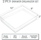 STORi SimpleSort 2-Piece Stackable Clear Drawer Organizer Set | 12" x 9" x 2" Rectangle Trays | Wide Makeup Vanity Storage Bi