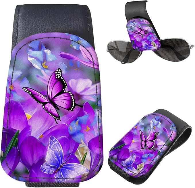 Sunglasses Holder for Car Visor, PU Leather Glasses Clip Organizer, Cute Magnetic Eyeglass Holder for Vehicle Sun Visor, Car Interior Accessory for Women & Men Purple Butterfly Bloom