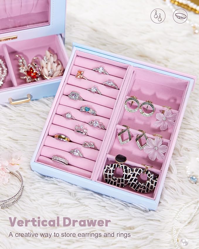Homde Jewelry Organizer Girls Women Jewelry Box for Necklaces Rings Earrings Gift Bracelets Storage Case (Blue - Pink Gradien