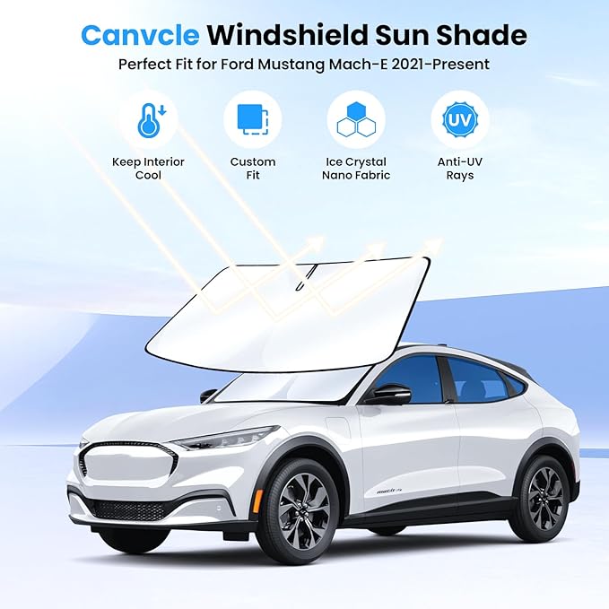 Windshield Sun Shade for 2021-2025 2026 Ford Mustang Mach-E Accessories Upgraded Double-Layer Front Window Sunshade Cover Sun Visor Protector Foldable Block UV Rays Keep Vehicle Cool