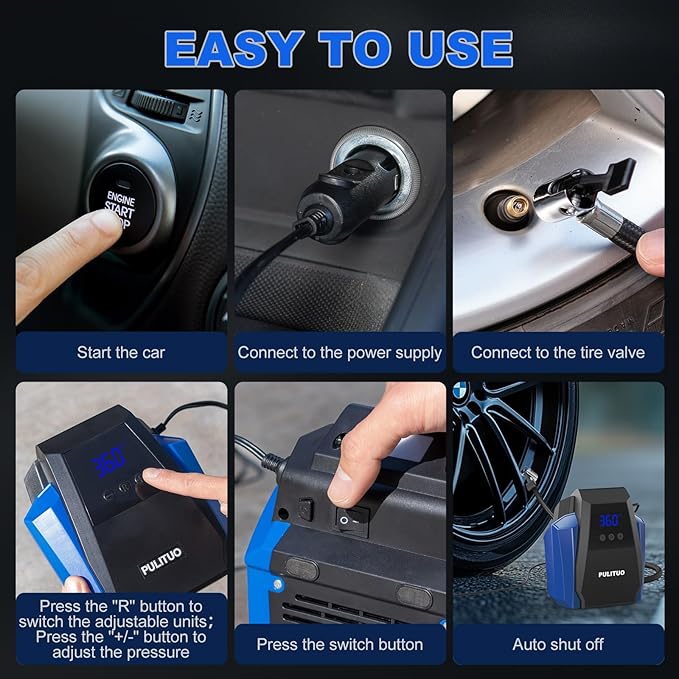 PULITUO Tire Inflator Portable Air Compressor - Car Accessories 12V DC Air Pump for Car Tires with Digital Pressure Gauge, Emergency LED Light for Wheel, Bike, Ball, Motor