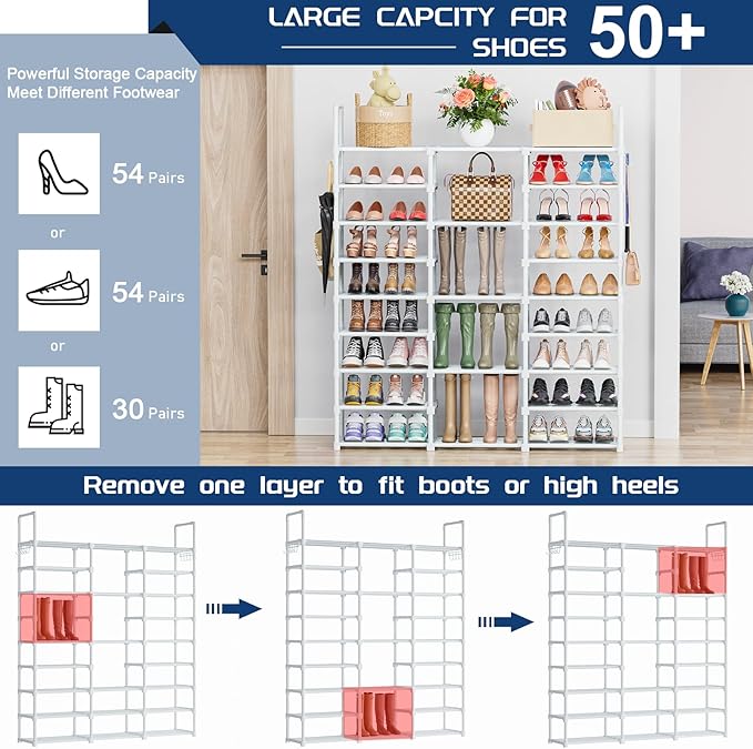 Mavivegue 9 Tiers Shoe Rack Tall Shoe Organizer Shoe Storage 50-55 Pairs Vertical Shoe Shelf Large Shoe Rack Organizer Stacka