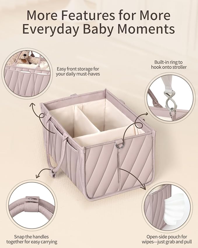 Diaper Caddy Organizer – Portable Storage Basket with Shoulder Strap & Stroller Hooks, Splashproof Quilted Nursery & Car Tote