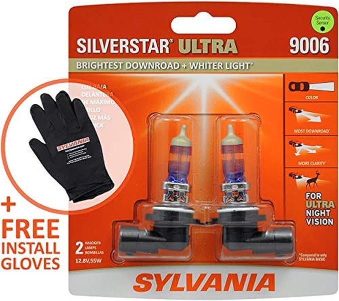 SYLVANIA - 9006 SilverStar Ultra plus Free Installation Gloves - High Performance Halogen Headlight Bulb, High Beam, Low Beam