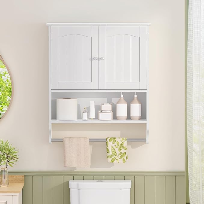 Iwell Bathroom Wall Cabinet, Over The Toilet Storage Cabinet with Towel Rack & Adjustable Shelf, Medicine Cabinet for Bathroo