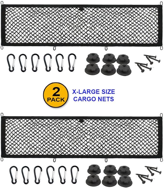 [2 PACK] JAVOedge Extra Large Cargo Net for Car, SUV, Truck, RV, Boat – Elastic Storage Mesh Organizer with Built‑In Hooks, 12 Screws & 12 Carabiners – Heavy‑Duty Trunk Cargo Net & Vehicle Storage Bag