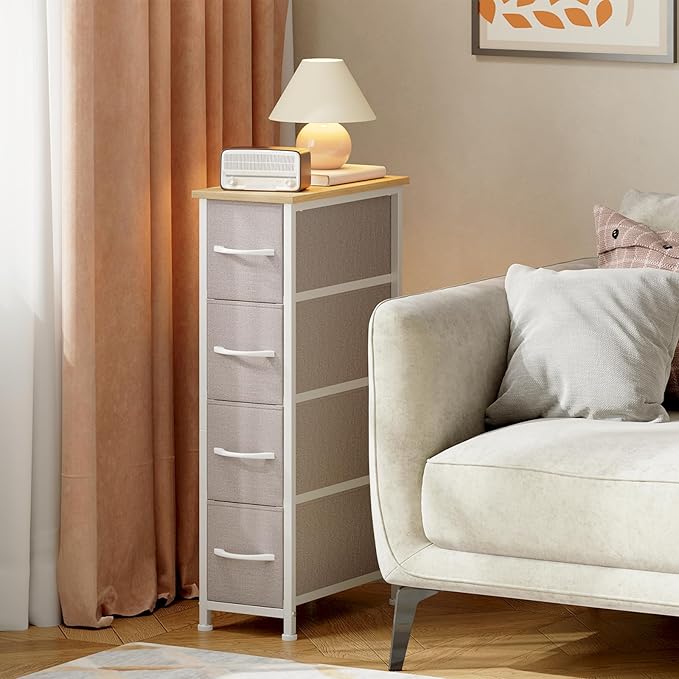 Somdot Narrow Dresser with 4 Drawers, Slim Storage Organizer Chest of Drawers with Removable Fabric Drawers for Small Spaces 